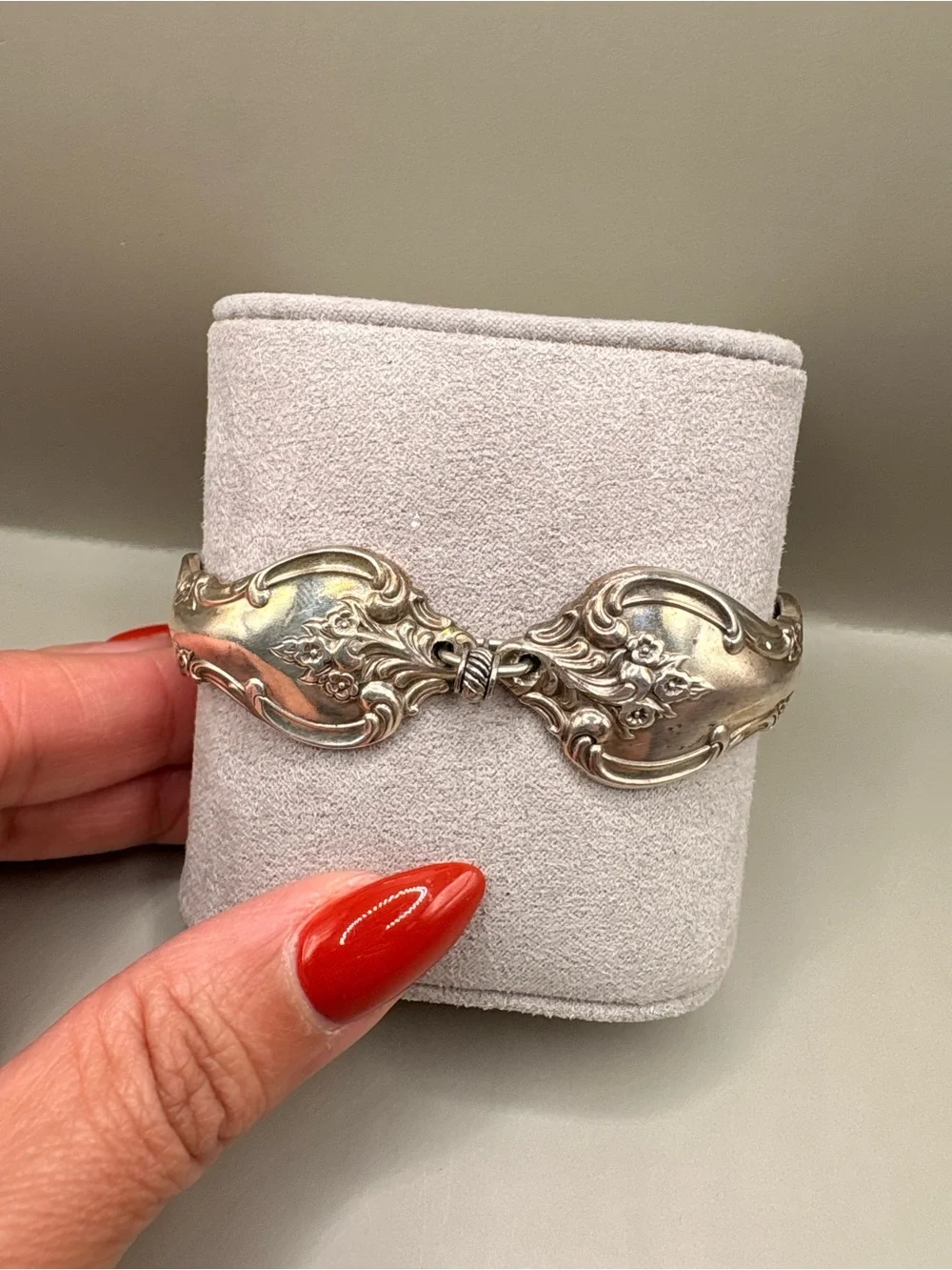 Handmade Silver-Tone Spoon Style Bracelet Floral Scrollwork 7.5”